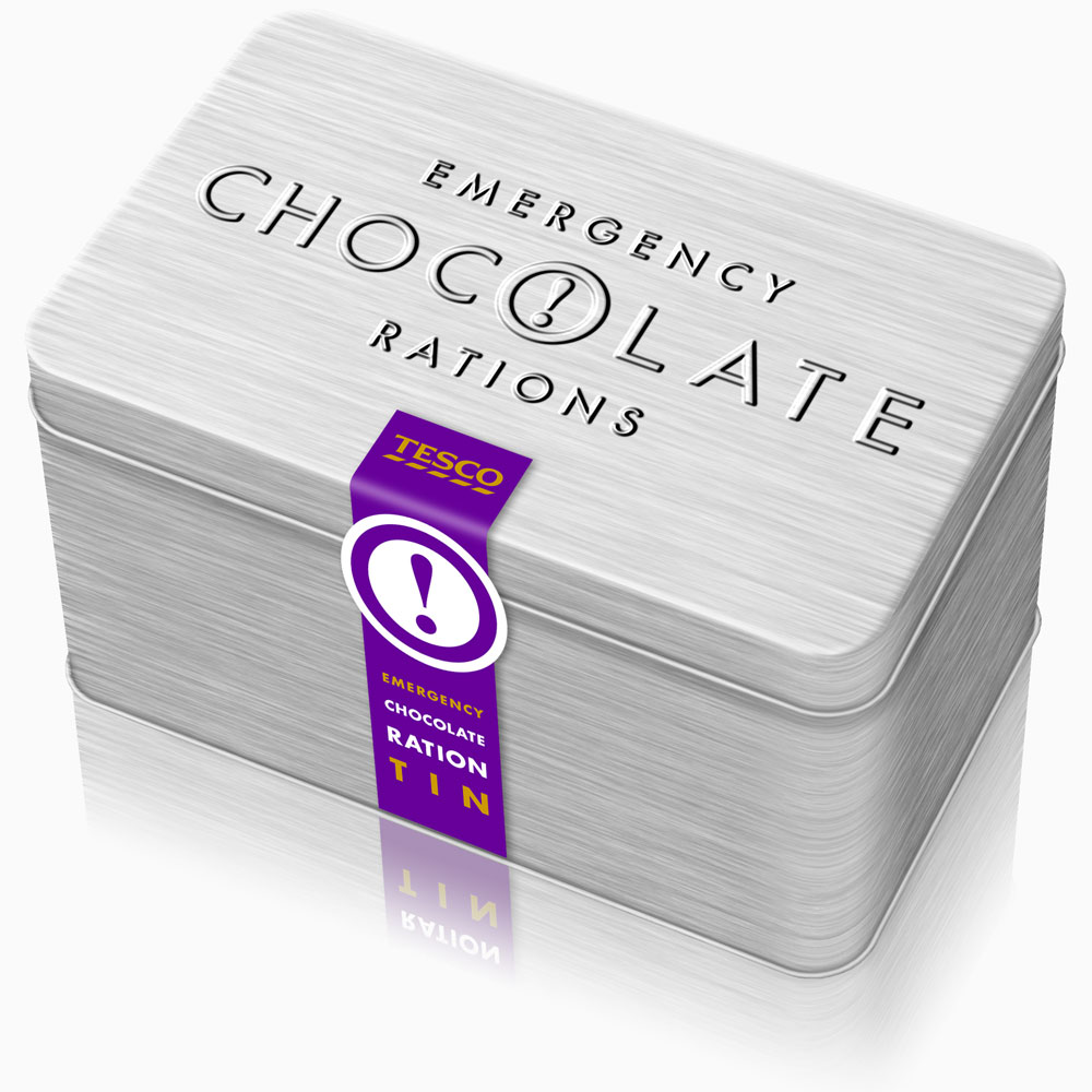 Metal tin with embossed lettering and a gold and purple sticker sealing the front edge