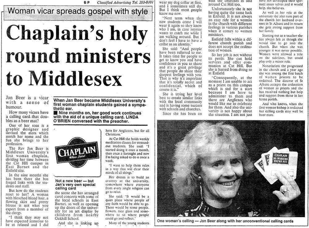 Newspaper article showing Rev Jan Beer with her beer mats
