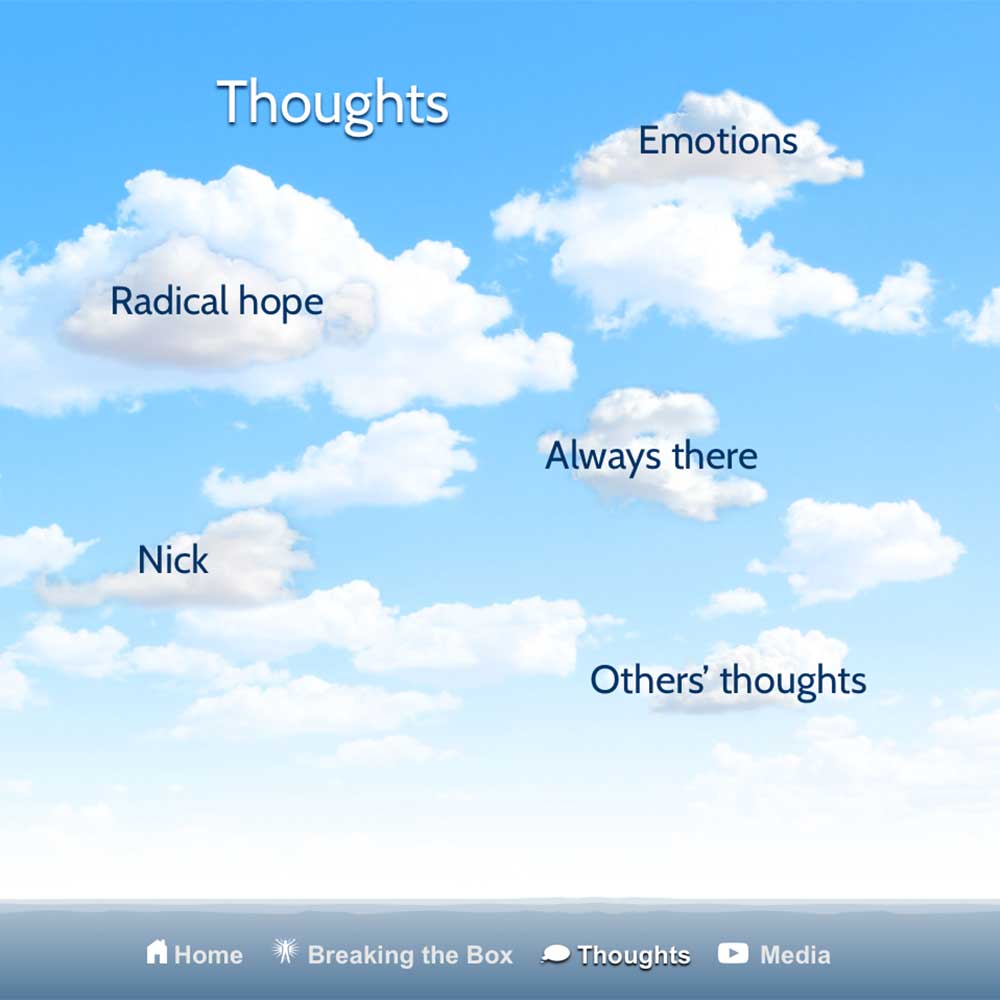 Screenshot of website with text in animated clouds creating links to articles
